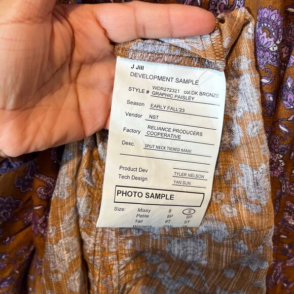 J.Jill Split Neck Tiered Maxi Bronze Purple‎ Paisley Size Small Oversized Boho - Picture 7 of 7